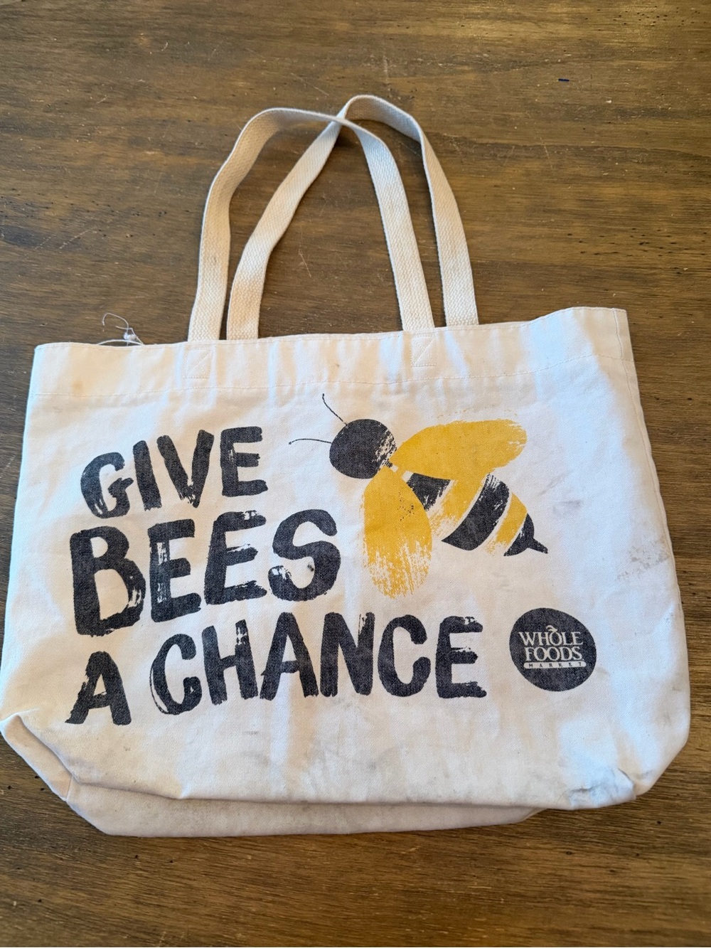'Give Bees A Chance' Canvas Tote Bag in Natural with Yellow Bee Whole Foods